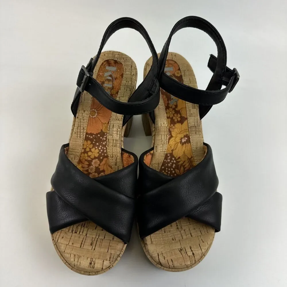 Korks Calda‎ Platform Sandal Black Leather Ankle Buckle Strap Cork Heel Womens 7
